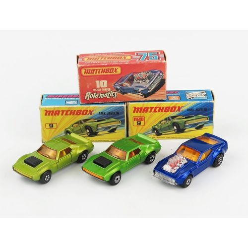 2375 - Matchbox Superfast Muscle Car trio - all have unpainted bases (1) 9b AMX Javelin lime green, yellow ... 