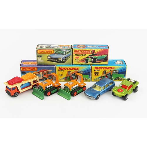 2376 - Matchbox Superfast Group - (1) 11c Car Transporter - orange, blue windows, (2,3) 12c Big Bull shade ... 