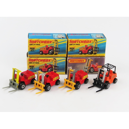 2382 - Matchbox Superfast 15b Fork Lift Truck variation group - all have dot-dash wheels (1) red, yellow ho... 