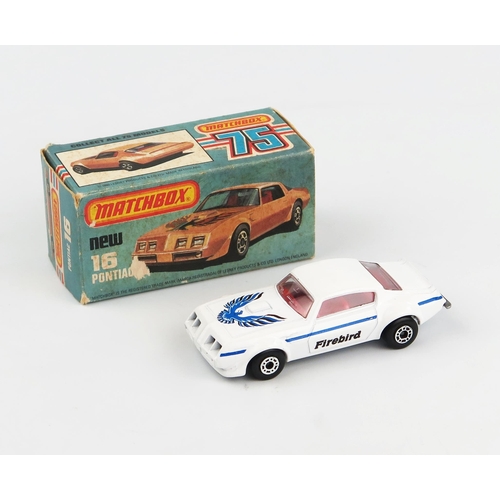 2384 - A Matchbox Superfast 16c Pontiac Firebird - white, blue Firebird tampo design, red interior, dot-das... 