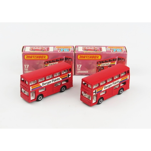 2385 - Matchbox Superfast 17b Daimler Londoner Bus pair - both with rarer black plastic bases, dot-dash whe... 