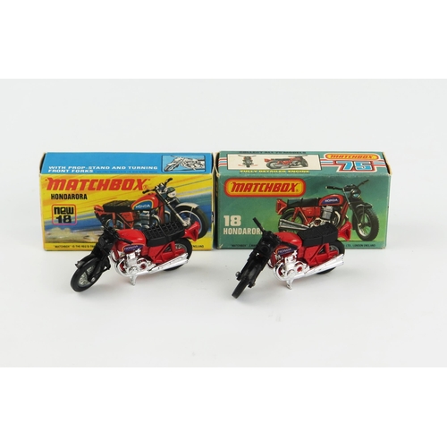 2388 - Matchbox Superfast 18b Hondarora pair - both red, chrome engine, wire wheels in different boxes, I t... 