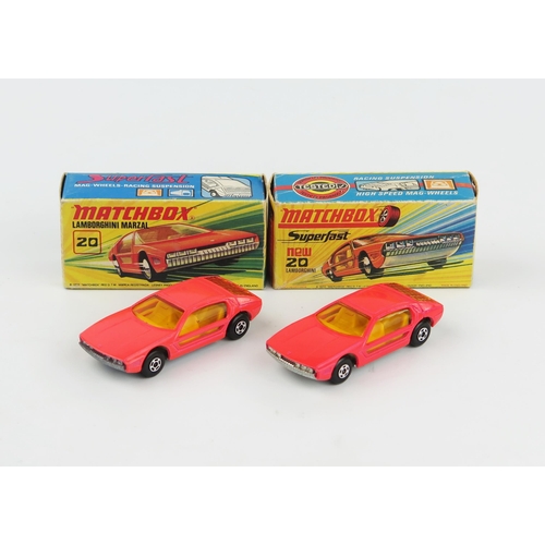 2391 - Matchbox Superfast 20a Lamborghini Marzal pair - one medium, one dark salmon pink with amber windows... 