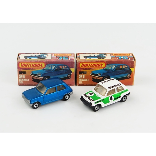 2393 - Matchbox Superfast 21c Renault 5TL pair - both dot-dash wheels, clear windows in K type boxes with 