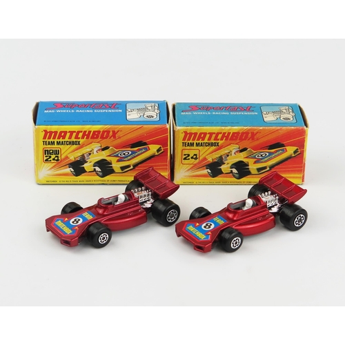 2395 - Matchbox Superfast 24b Team Matchbox Racing Car pair - metallic red shade variations with different ... 