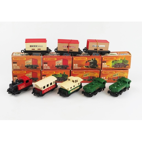 2397 - Matchbox Superfast Railwayana group - x3 25c Flat Cars with different containers, 43c Steam Loco, x2... 