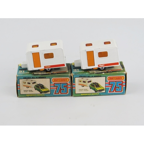 2403 - Matchbox Superfast 31c Caravan with rare boxes pair - white, yellow-orange doors, dot-dash wheels, u... 