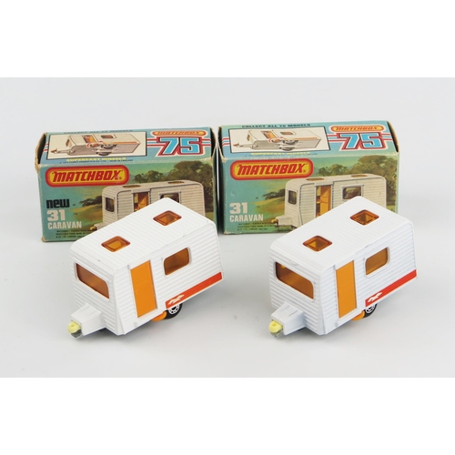 2404 - Matchbox Superfast 31c Caravan pair - different shades of white, yellow-orange doors, yellow-cream i... 