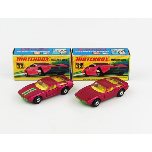 2405 - Matchbox Superfast 32b Maserati Bora pair - metallic purple, 5 spoke wheels, clear windows, yellow i... 