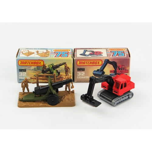 2406 - Matchbox Superfast 32 casting pair - (1) 32c Field Guns with black 5 arch wheels, (2) red, 'ATLAS' c... 