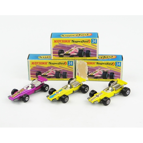 2409 - Matchbox Superfast 34a Formula Racing Car trio - all clear windows with unpainted bases and white dr... 