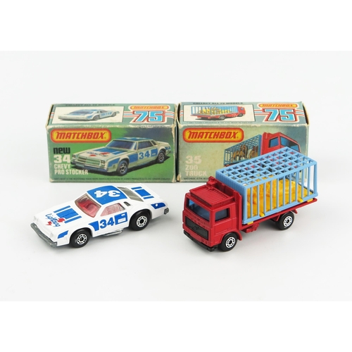 2410 - Matchbox Superfast pair - (1) 34c Chevy Pro Stocker - unpainted base, (2) 35c Zoo Truck - red, blue ... 