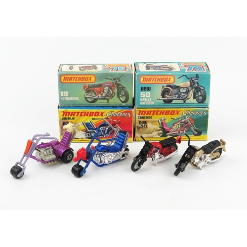 2415 - Matchbox Superfast Motorbikes and Choppers group - 18b Hondarora, 38b Stingeroo, 50c Harley Davidson... 