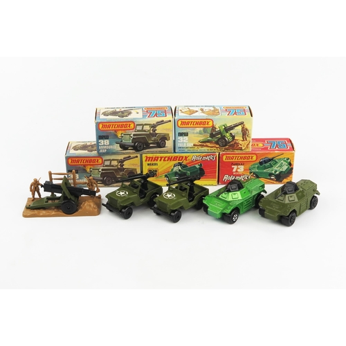 2416 - Matchbox Superfast Military Vehicles group - (1,2) 38c Armoured Jeep, (3) Field Gun, (4,5) Weasel va... 