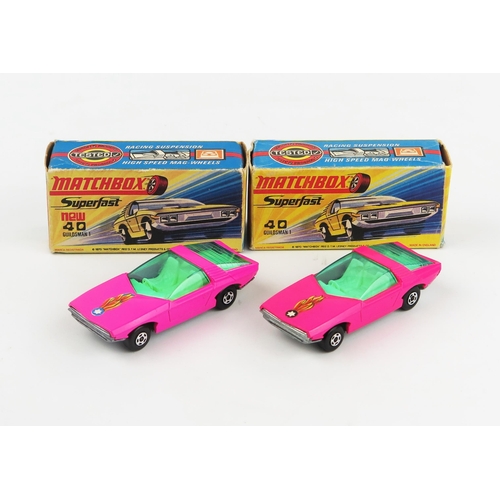 2419 - Matchbox Superfast 40b Vauxhall Guildsman pair - pink shade variations, green windows, cream interio... 