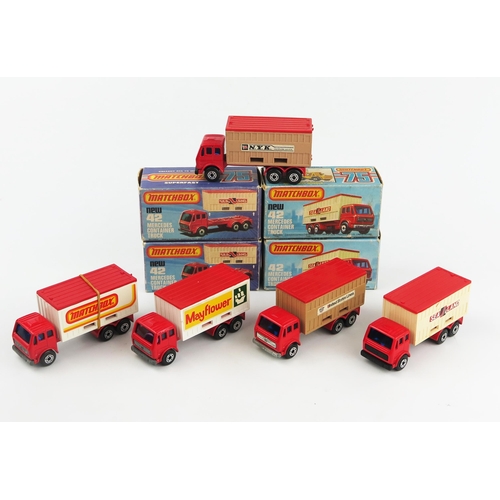 2422 - Matchbox Superfast 42c Mercedes Container Truck group - all red with chrome dot-dash wheels and a mi... 