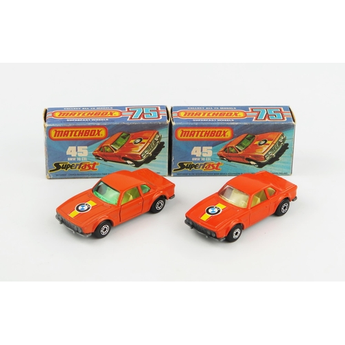 2425 - Matchbox Superfast 45b BMW 3.0 CSL pair - green/clear windows, orange shade variations, cream interi... 