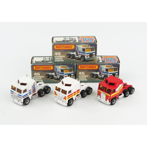 2426 - Matchbox Superfast 45c Kenworth Cabover Aerodyne trio - all have amber window, chrome grilles and ba... 