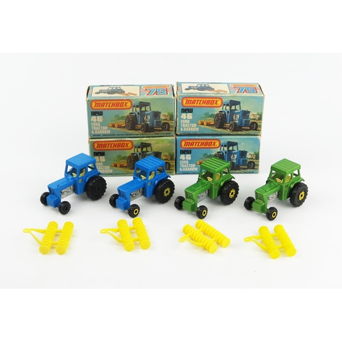 2427 - Matchbox Superfast 46c Ford Tractor and Harrow group - all unpainted bases (1) blue, black hubs, (2)... 