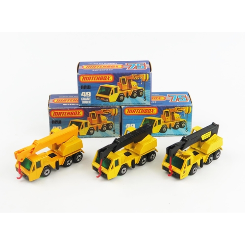 2429 - Matchbox Superfast 49c Crane Truck trio - all have green windows, red hooks, 5 arch wheels and black... 