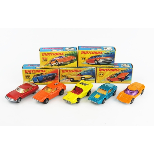 2431 - Matchbox Superfast Sports Cars in I type boxes - 51b Citroen SM, 53b Tanzara, 58b Woosh 'n' Push, 65... 