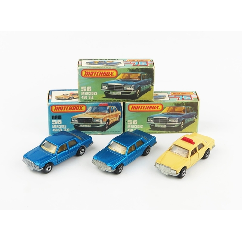 2440 - Matchbox Superfast 56c Mercedes 450 SEL trio - all with unpainted bases, dot dash wheels, clear wind... 