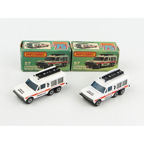 2442 - Matchbox Superfast 57d Carmichael Rescue pair - both white with blue windows, 'POLICE RESCUE' tampo ... 