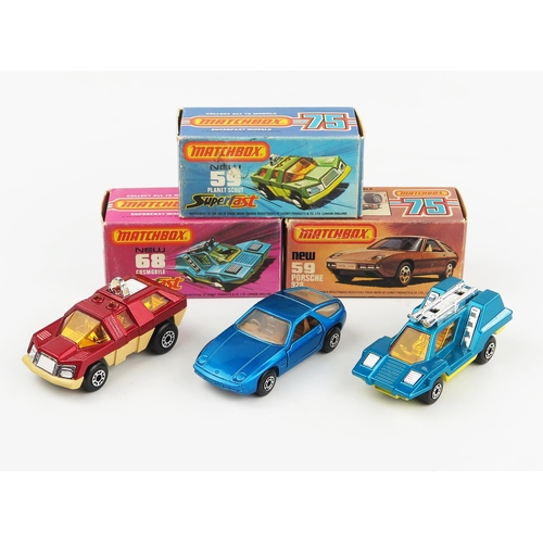 2444 - Matchbox Superfast trio (1) 59c Planet Scout - metallic red, beige base, amber windows, (2) 59d Pors... 