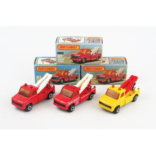 2446 - Matchbox Superfast 61c Wreck Truck trio - all with amber windows (1) red body and hooks, white arms,... 