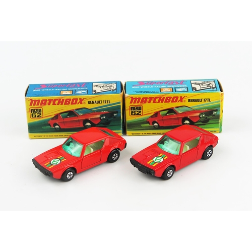 2447 - Matchbox Superfast 62c Renault 17TL pair - (1) orange red, base dashes facing in opposing directions... 