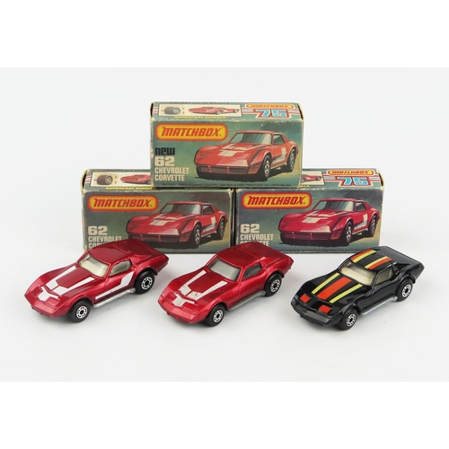 2448 - Matchbox Superfast 62d Chevrolet Corvette trio - all have unpainted bases and clear windows, (1) met... 