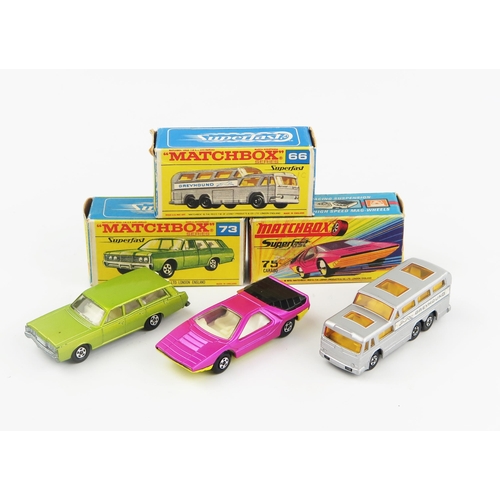 2451 - Early Matchbox Superfast trio - (1) 66a Greyhound Coach - black base and axle covers, F type box, (2... 