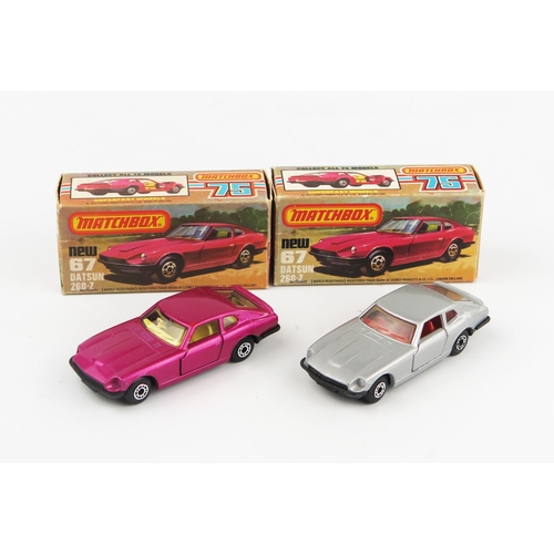 2453 - Matchbox Superfast 67c Datsun 260Z 2+2 pair - (1) met. crimson, yellow-cream interior, matt black ba... 