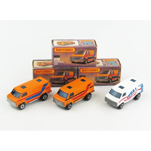 2454 - Matchbox Superfast 68c Chevy Van trio - all with blue windows and unpainted bases - (1) orange, blue... 