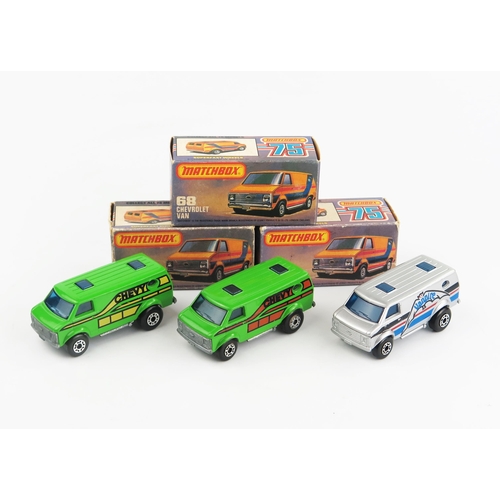 2454A - Matchbox Superfast 68c Chevy Van trio - all have blue windows - (1) green, yellow/black 