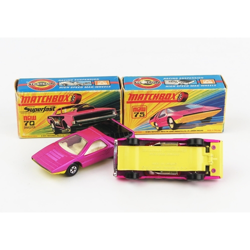 2456 - Matchbox Superfast pair in H type boxes - (1) 70b Dodge Dragster with rarer creamy-yellow base, (2) ... 