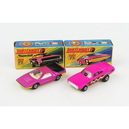 2456 - Matchbox Superfast pair in H type boxes - (1) 70b Dodge Dragster with rarer creamy-yellow base, (2) ... 