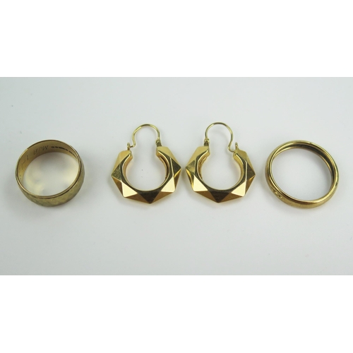 246 - 9ct Gold Wedding Band (6.5mm wide, size L.5, 3.4g), pair of 9ct earrings (2.1g) and unmarked gold ba... 