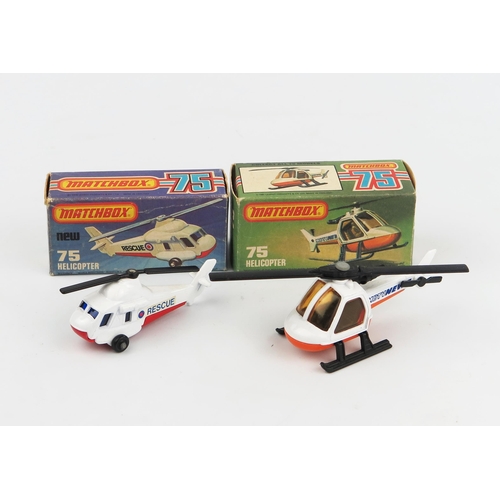 2461 - Matchbox Superfast 75 Helicopter pair - (1) 75c Seasprite with blue windows, K type box (2) 75d 