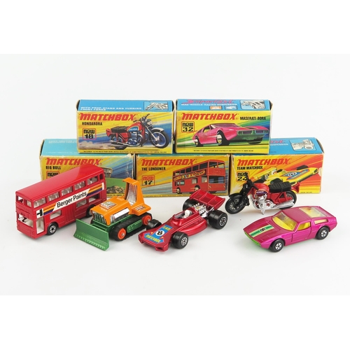 2474 - Matchbox Superfast I type box group - 12 Big Bull, 17 Daimler Londoner (rarer plastic base), 18 Hond... 