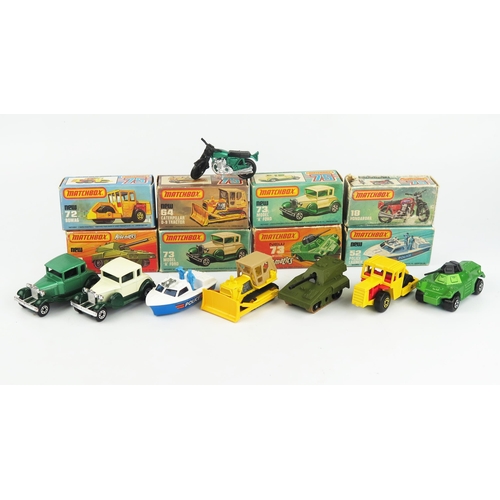 2494 - Matchbox Superfast Group of 8 - including 18 Hondarora, 52 Police Launch, 64, Caterpillar, 72 Bomag ... 