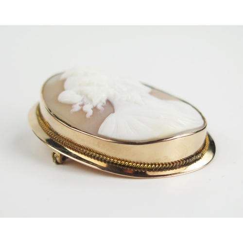 254 - 9ct Gold Shell Cameo Brooch decorated with a classical female bust, 47x38mm, 12.4g