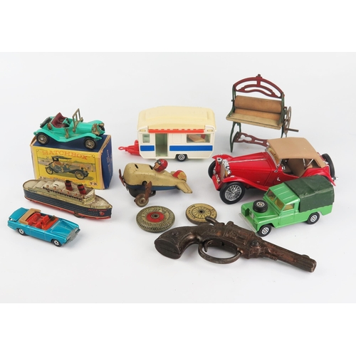 2554 - A Small Collection of Toys Including Tinplate Plane, Tinplate Queen Mary Ship, Holdfast Miniature Ma... 