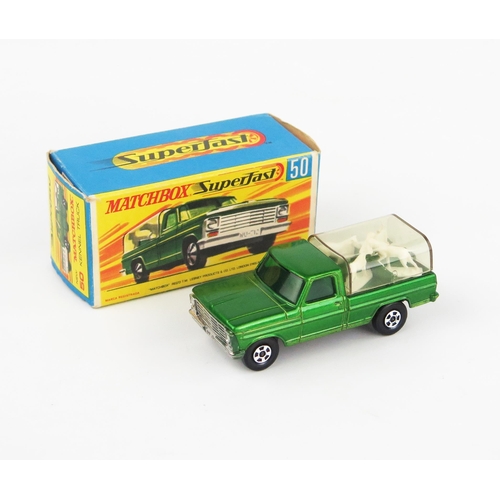 2599 - Matchbox Superfast 50a Kennel Truck - dark metallic green, hollow treaded narrow 5 spoke wheels, G t... 