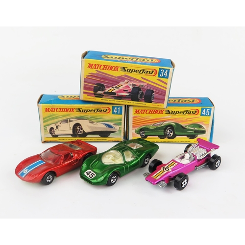 2600a - Matchbox Superfast Racing Car Trio in G type boxes - (1) 34a Formula 1 Racing Car, (2) 41a Ford GT -... 