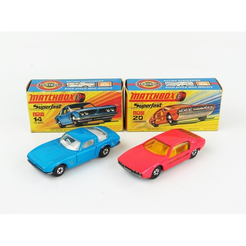 2601 - Matchbox Superfast H type box pair - (1) 14a Iso Grifo - mid blue, white interior, wide 5 spoke whee... 