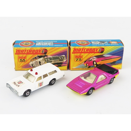 2601a - Matchbox Superfast H type box pair - (1) 55b Mercury Police Car Wagon - shield labels to bonnet and ... 