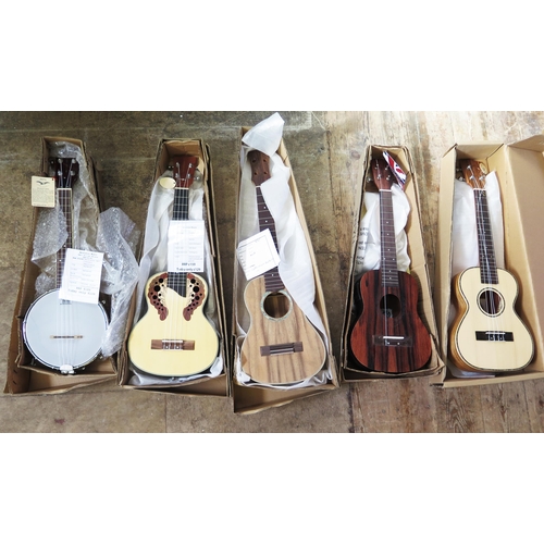 2686 - 3 Excelsior Ukuleles and 1 Tanglewood Ukuleles (all Tenor) and Concert Banjolele with issues - one j... 