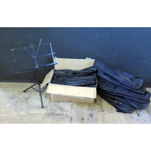 2719 - 17 Folding Music Stands in Carry bags and 7 Soprano Ukulele gig bags