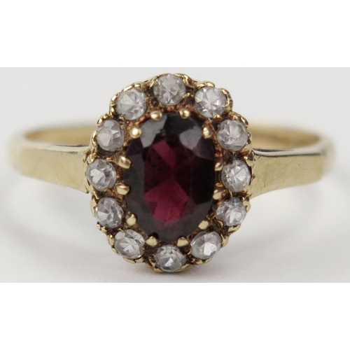 31 - 9ct Gold, Garnet and White Stone Cluster Ring, 11x9mm head, size Q, 2.5g